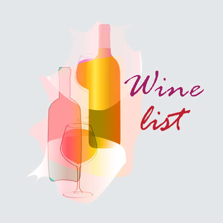 Wine bottle, glass. Abstract vector background design template with place for text. Concept for wine list, menu, flyer, party, alcohol drinks, celebration holidays.のイラスト素材