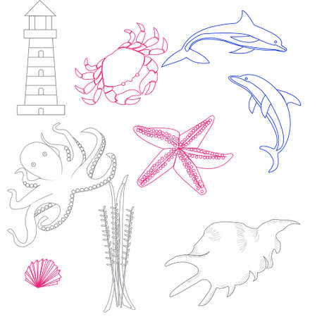 set of linear icons on the marine theme, isolated on white backgroundのイラスト素材