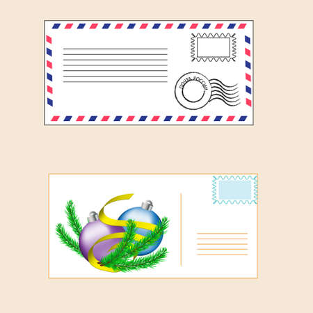 postal envelope with a stamp and festive Christmas cardのイラスト素材