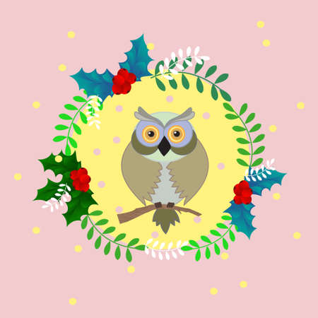  greeting card with a wreath of leaves and flowers, with painted Doodle. Owlのイラスト素材