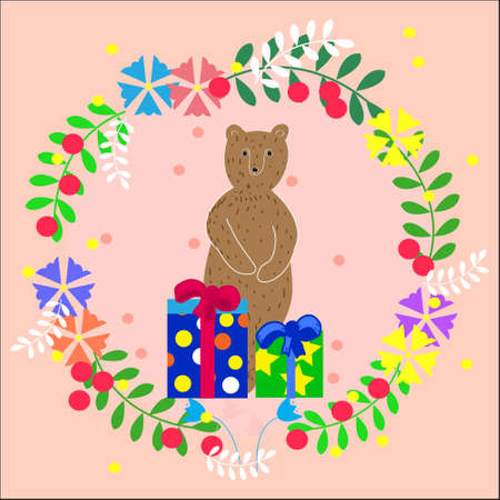  greeting card with a wreath of leaves and flowers, with painted Doodle. Bearのイラスト素材