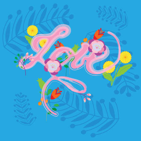 Vector written by hand -"love" text doodles with floral decorのイラスト素材