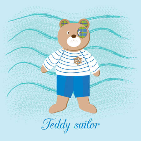 cute Teddy bear - sailor boy, on the backdrop of the sea waves, in naval uniformのイラスト素材