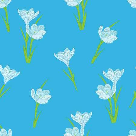 seamless pattern on a blue background gentle spring crocusesのイラスト素材