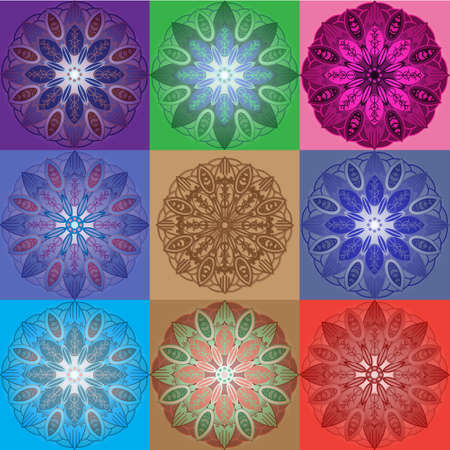 Set of mandalas. Colorful frames in a linear fashion. Trendy Elegant Retro Style Design. A Collection Of Mandalas. Round Pattern Ornament. Vintage Decorative Elements.のイラスト素材