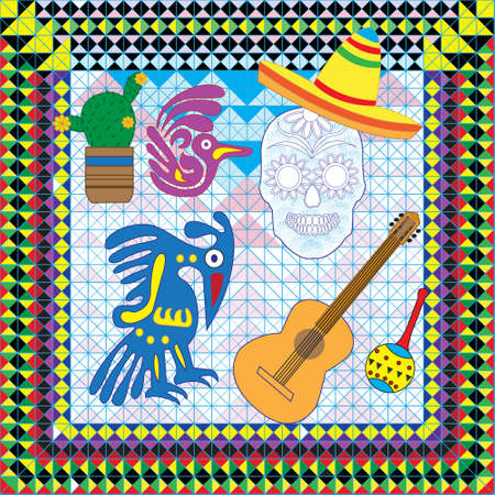 set of colorful objects, cartoons and icons of Mexico. Illustration with symbols of Mexicoのイラスト素材