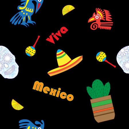 Seamless pattern with hand drawn elements of Mexican guitar, sombrero, skull, Aztec mask, music instruments. Perfect background for your design. Travel to Mexico texture.のイラスト素材