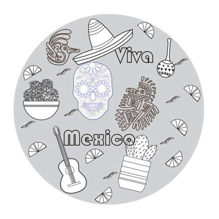 set of colorful objects, cartoons and icons of Mexico. Illustration with symbols of Mexicoのイラスト素材