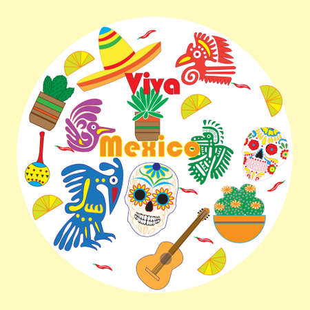 set of colorful objects, cartoons and icons of Mexico. Illustration with symbols of Mexicoのイラスト素材