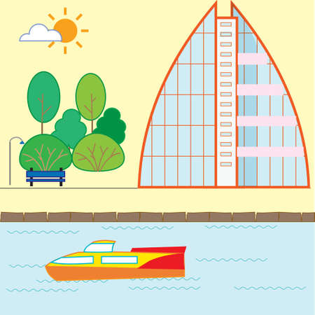 Street house vector illustration. Buildings, trees, bushes, the sun is shining, street lamp, bench and clouds.のイラスト素材