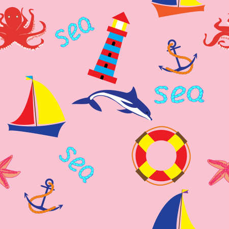 Bright seamless pattern with marine elements, Doodle style.Sailboat, lighthouse, anchor, buoy, dolphins, octopus, starfishのイラスト素材