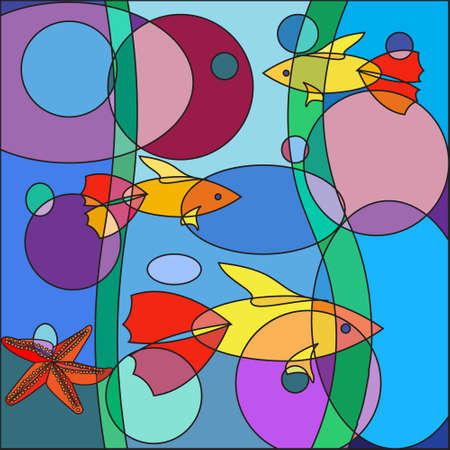 Beautiful multicolored Doodle fish on abstract sea background, in the form of a colorful mosaicのイラスト素材