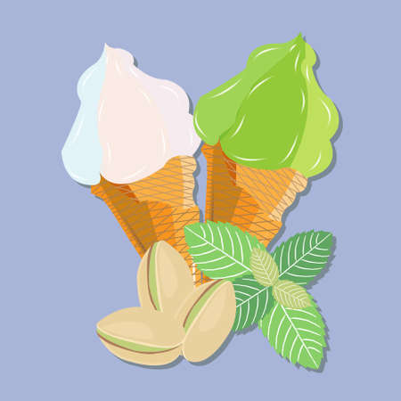 The composition of two waffle cones with ice cream, nuts, pistachio and mint leavesのイラスト素材