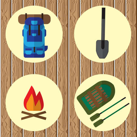 Vector icons on the theme of the campaign. On wooden background with yellow circles icon backpack, inflatable boats and oars, shovels and campfireのイラスト素材