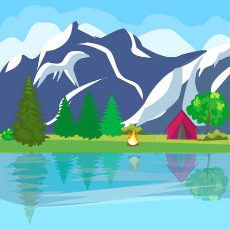 Vector summer landscape with forest, mountains and lake on a blue cloudy sky backgroundのイラスト素材