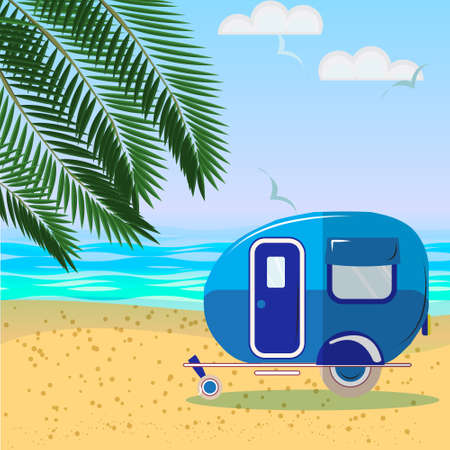 Vector summer sea landscape with palm leaves, beach, beautiful sea, blue skyのイラスト素材