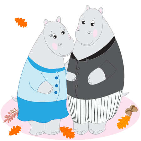Cute cartoon animals, Doodle drawing hippos, love and tenderness, vector illustrationのイラスト素材