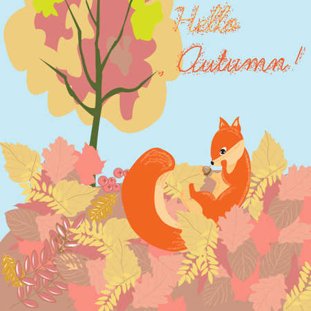 Illustration of cute squirrel eating nut on a pile of leavesのイラスト素材