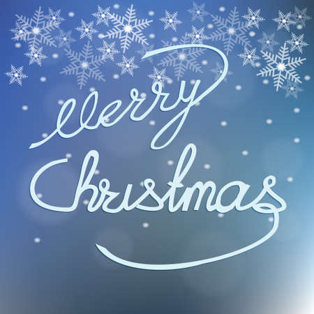 Poster merry Christmas, on blurred background of a cold winter sky with snowflakes, hand lettering designのイラスト素材