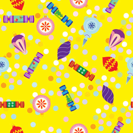 Seamless pattern New year with crackers, Christmas decorations and confetti on a bright yellow...