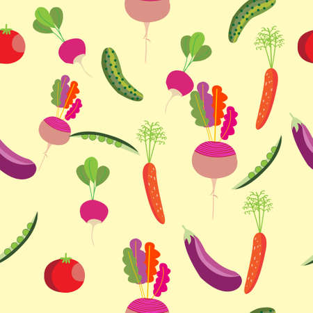 Seamless pattern with vegetables. Peas, tomato, cucumber, eggplant, garlic, onions, peppers, carrots, beets and radishes.のイラスト素材