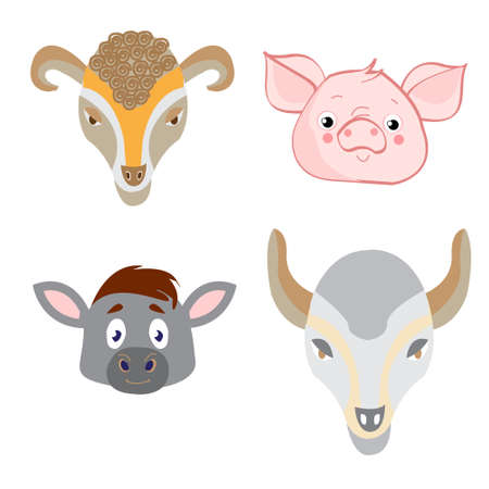 Set heads of animals in Doodle style on white backgroundのイラスト素材