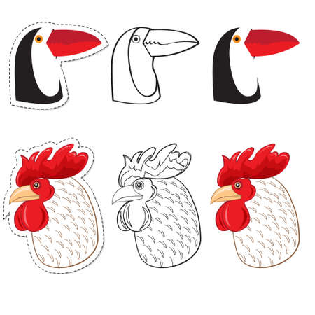 The head of the Toucan and cock flat style, black-and-white version and sticker stickerのイラスト素材