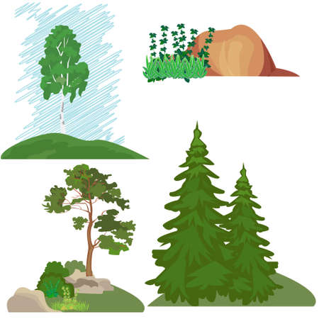 Landscapes with trees, grass, stone. Forest landscape, set of elements for illustrations.のイラスト素材