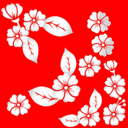 Pattern of stylized flowers and leaves of bright blossoms on a bright red background.のイラスト素材