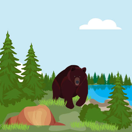 Brown bear in the Northern woods, in a forest clearing near the pond. Doodle style vector illustrationのイラスト素材