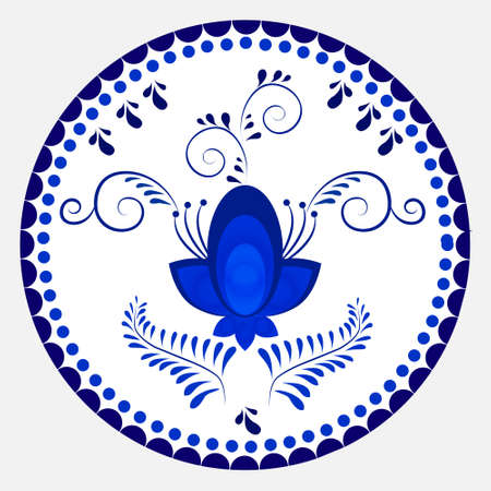 Russian national circular ornament. Blue floral pattern in Gzhel style applied to the ceramic plate.のイラスト素材