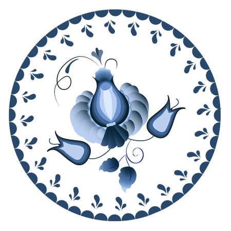 Russian national circular ornament. Blue floral pattern in Gzhel style applied to the ceramic plate.のイラスト素材