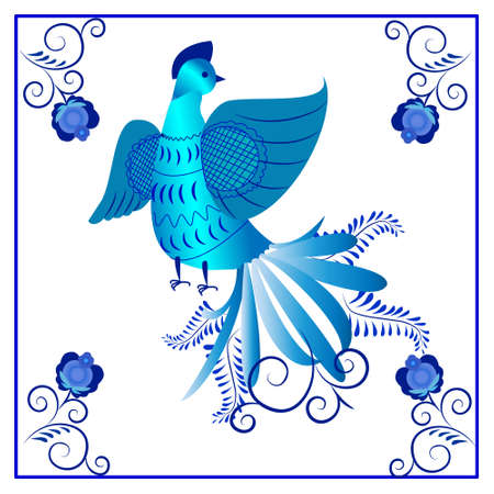 Russian national ornament. Blue floral pattern in Gzhel style applied to the ceramic plate.のイラスト素材