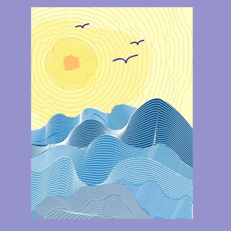 Open sea with the waves and dim the sun in the sky, vector illustrationのイラスト素材