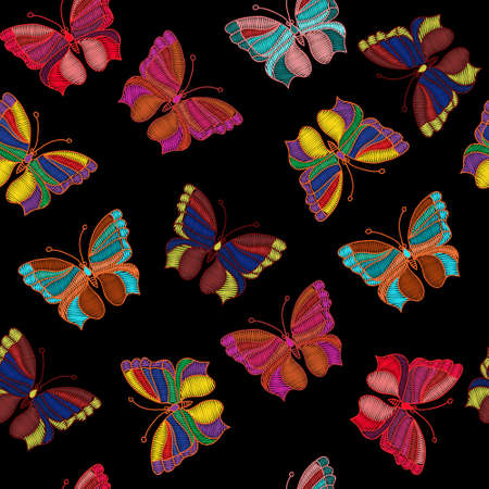 Seamless pattern of colorful embroidered butterflies on a black background, vector illustrationのイラスト素材