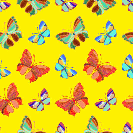Seamless pattern of colorful embroidered butterflies on a yellow background, vector illustrationのイラスト素材