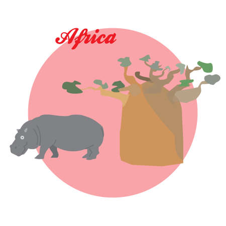 The baobab and the Hippo illustration on the background of the circle with the inscription Africa. Vector.のイラスト素材