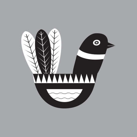 Fantastic folk bird in Scandinavian style for card designs on gray background.のイラスト素材