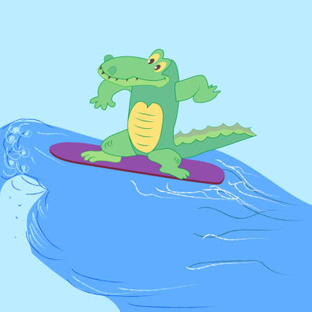 Crocodile surfer, doodle vector illustration cartoon style.のイラスト素材