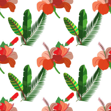 Exotic seamless hand drawn Botanical vector pattern with green palm leaves and exotic plants ,...