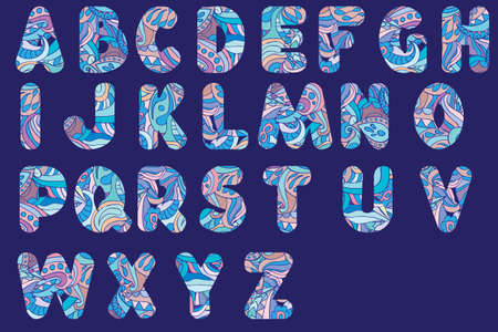 Abstract ABC in bright summer color. Cool carnival style alphabet for lettering, titles, party poster, invitation, cover. Stock vector illustration.のイラスト素材