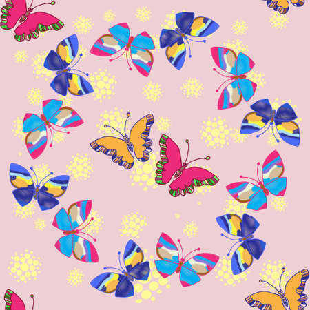 Seamless background of colorful embroidered butterflies on light background, vector illustrationのイラスト素材