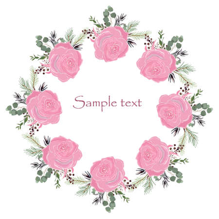 Wedding or holiday wreath . Delicate flowers on light . Watercolor vector illustration. Summer greens.のイラスト素材