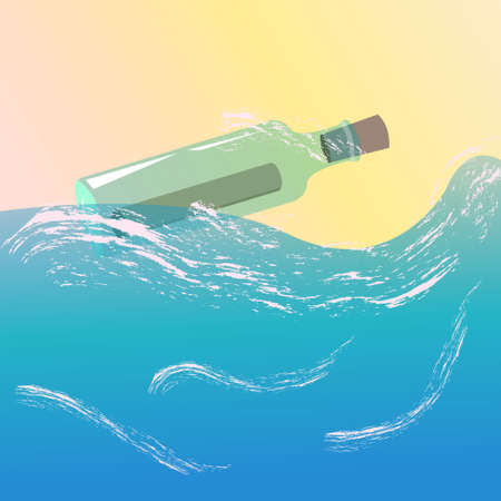 A glass bottle floating in the ocean with a message inside. Vector illustration.のイラスト素材