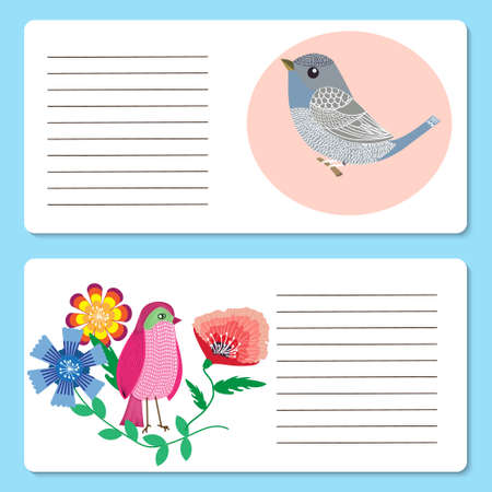 Children's cards with cute birds, greeting or invitation cards, vector illustrationのイラスト素材
