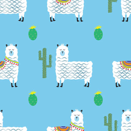 Childish seamless pattern with cute llama and cactus. Creative texture for fabric, textileのイラスト素材