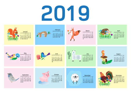 Cute Calendar for 2019 with cute animals, cartoon style vector illustrationのイラスト素材