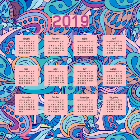 Cute calendar for 2019, original backgrounds, pastel colors vector illustration in cartoon styleのイラスト素材