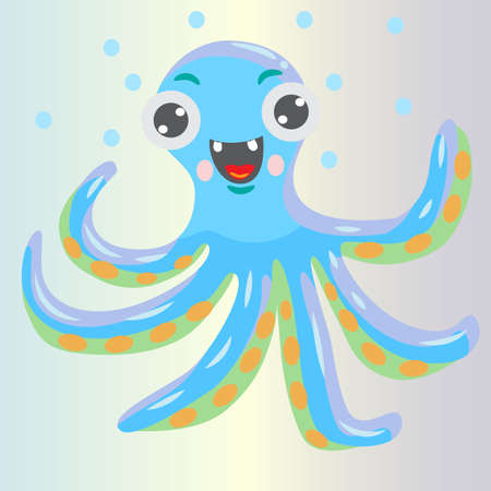 Blue octopus cartoon character. Flat smiling octopus with bubbles, isolated on grey background. Aquatic fauna. Vector animal illustration for children book illustrating.のイラスト素材