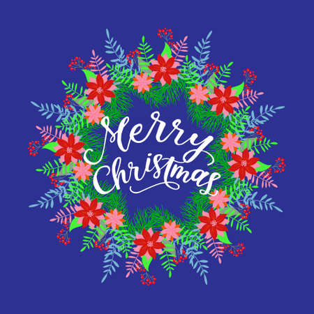 Merry Christmas calligraphy greeting card. Handwritten modern brush lettering. Hand drawn design elements. Vector illustrationのイラスト素材